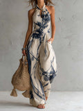 Esme - Ink Wash Print Halter Wide Leg Jumpsuit