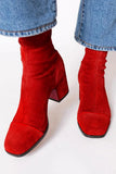 Margot - Red Faux Suede Block Heel Ankle Boots