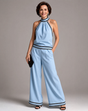 Daphne - Contrast Trim Halter Neck Wide Leg Jumpsuit