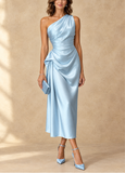 Ophelia - One-Shoulder Ruched Satin Midi Dress