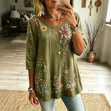 Ottilie - Floral Embroidered Olive Blouse