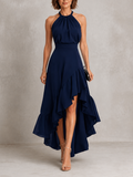 Imogen - Navy Halter Neck Ruffle Hem Dress