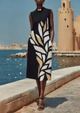 Oriana - Sleeveless Leaf Motif Midi Dress