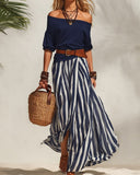 Saskia - Striped Maxi Skirt And Off-Shoulder Top Set