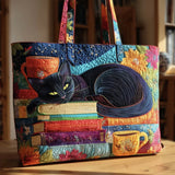 Handcrafted Tote Bag - Black Cat with Books and Mugs