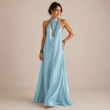Iona - Blue Halter Neck Flowing Maxi Dress
