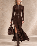 Octavia - Faux Suede Zip-Front Maxi Dress