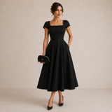 Eleanor - Black Cap Sleeve Midi Dress