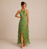 Juliet - Fringed Tiered Halterneck Midi Dress