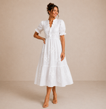 Flora - White Floral Embroidered Midi Dress