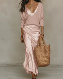 Margot - Satin-Effect Slip Dress And Knit Jumper Set