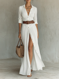 Linen long-sleeve maxi dress with revere collar