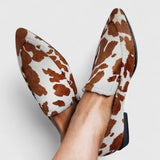 Clara - Pointed Cow Print Flat Loafers