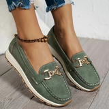 Harriet - Green Buckle Wedge Loafers