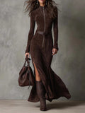 Scarlett - Belted Zip-Front Faux Suede Maxi Dress