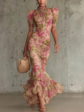 Beatrice - Vintage Rose Print Puff Sleeve Maxi Dress