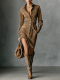 Daphne - Faux Suede Belted Shirt Dress