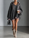 Eirya Loose-fitting Hooded Pink-trimmed Knitted Mini Dress
