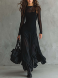 Saskia - Sheer Sleeve Black Maxi Dress
