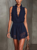 Francesca - Navy Ruffle Trim Pleated Jumpsuit
