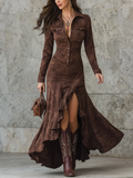 Orla - Brown Ruched Button-Front Midi Dress