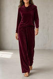 Isabelle - Draped Cowl Neck Velour Top And Wide Leg Trouser Set
