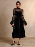 Daphne - Velvet-Effect Midi Dress With Sheer Sleeves