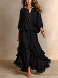 Ophelia - Black Tasselled Top And Tiered Maxi Skirt Set