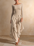 Vivienne - Ribbed Bateau Top And Layered Trouser Set