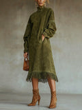 Astrid - Faux Suede Fringed Midi Dress