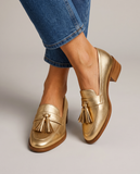 Ophelia - Gold-Tone Tassel Block Heel Loafers