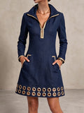 Darcie - Navy Gold-Trim Zip Mini Dress