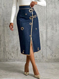 Rosamund - Dark Wash Gold-Trim Midi Skirt