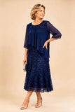 Cordelia - Navy Lace-Effect Tea Length Occasion Dress